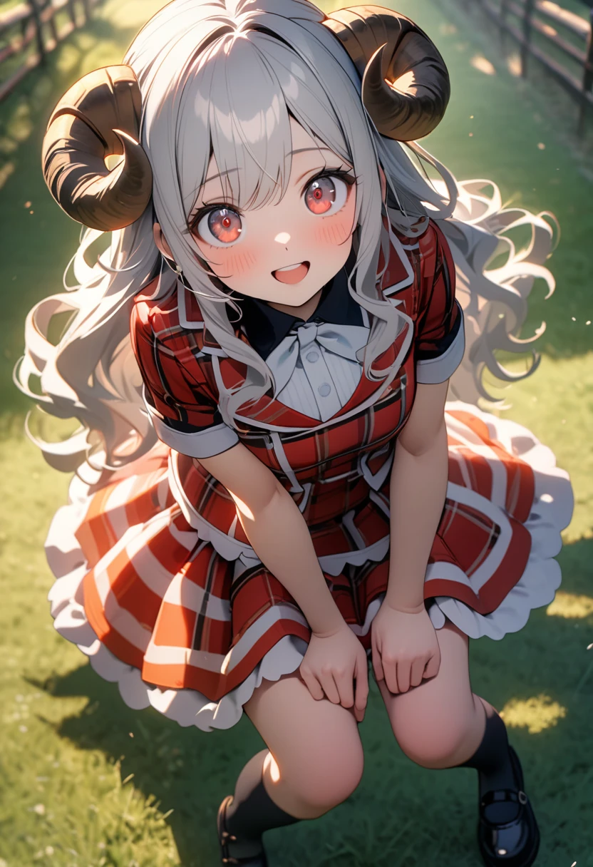 (8K, best quality, master piece: 1.2), super high resolution,1 girl,solo,16yo,ultra-detailed face,detailed eyes,Sheep’s horns attached to the head,Long hair,silverhair,wavy hair,plaid pattern short sleeve red idol costume,over-kneehighs,mary janes,happy,red eyes,rim light,looking at viewer,(cow meadow background:1.2), outdoors