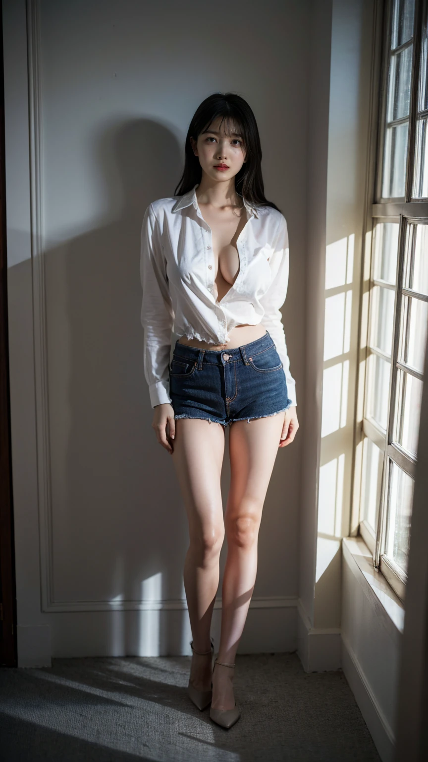 1girl, woman, masterpiece, best quality, highest quality, cinematic lighting, (volumetric lighting), extremely detailed CG unity 8k wallpaper, focused, 8k wallpaper, extremely detailed, ultra realistic, photorealistic, sharp focus, absurdres, (HDR:1.2), (high contrast), photograph, detailed and intricate, instagram, portrait, highly detailed, digital painting, artstation, concept art, smooth, sharp focus, illustration, cinematic lighting, (big breast:1.2), (whole body:1.2), white collar shirt, open shirt, open the button, show thigh, short pants, (full body:1.5), looking at the viewer, seductive pose