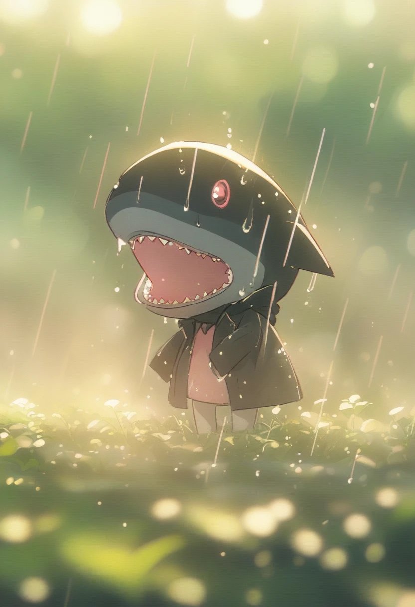 Sexy pink Shark Girl wearing a black trench coat,(No humans),E7E48U，Wet body，rain, Background grassland