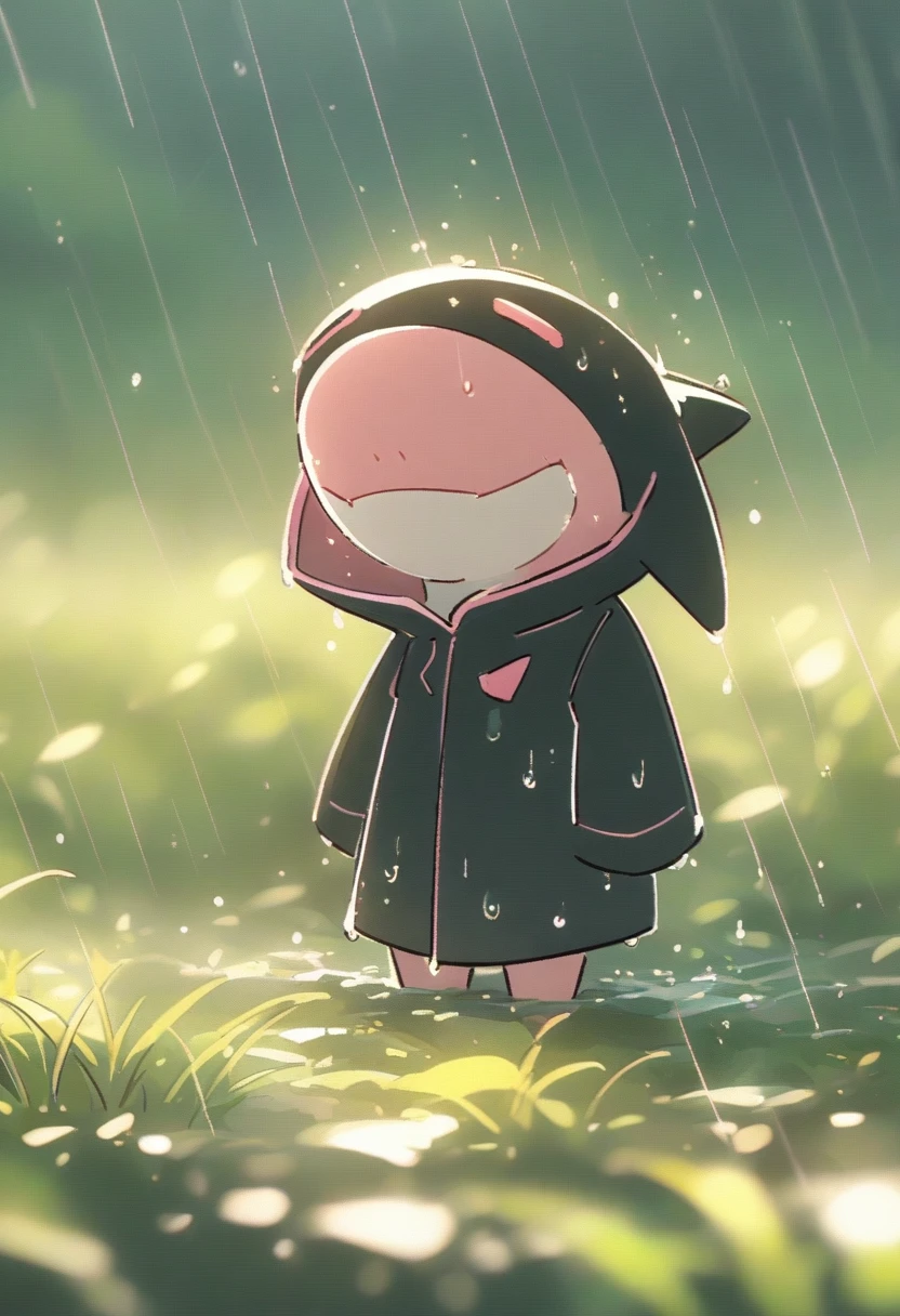 Sexy pink Shark Girl wearing a black trench coat,(No humans),E7E48U，Wet body，rain, Background grassland