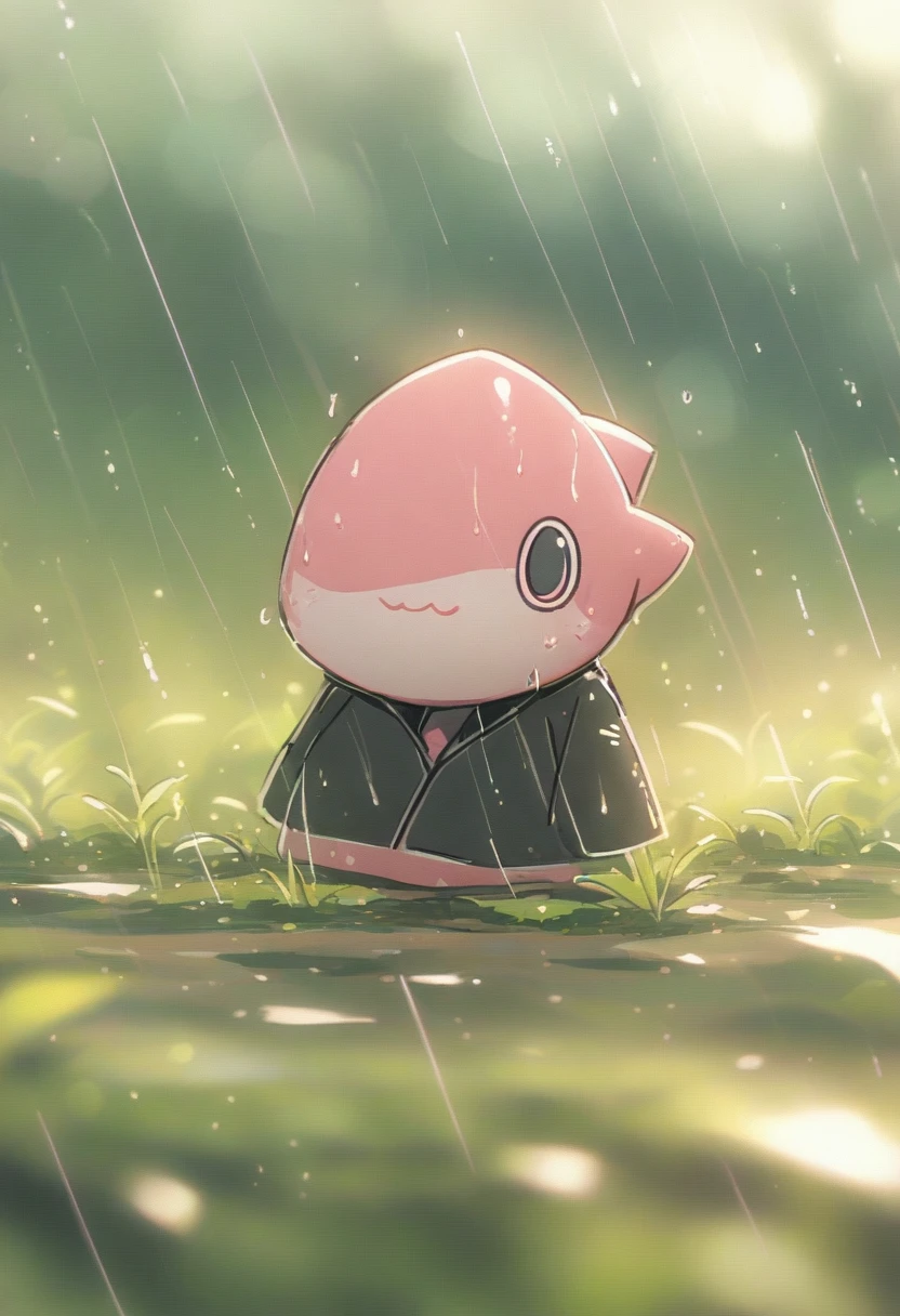 Sexy pink Shark Girl wearing a black trench coat,(No humans),E7E48U，Wet body，rain, Background grassland