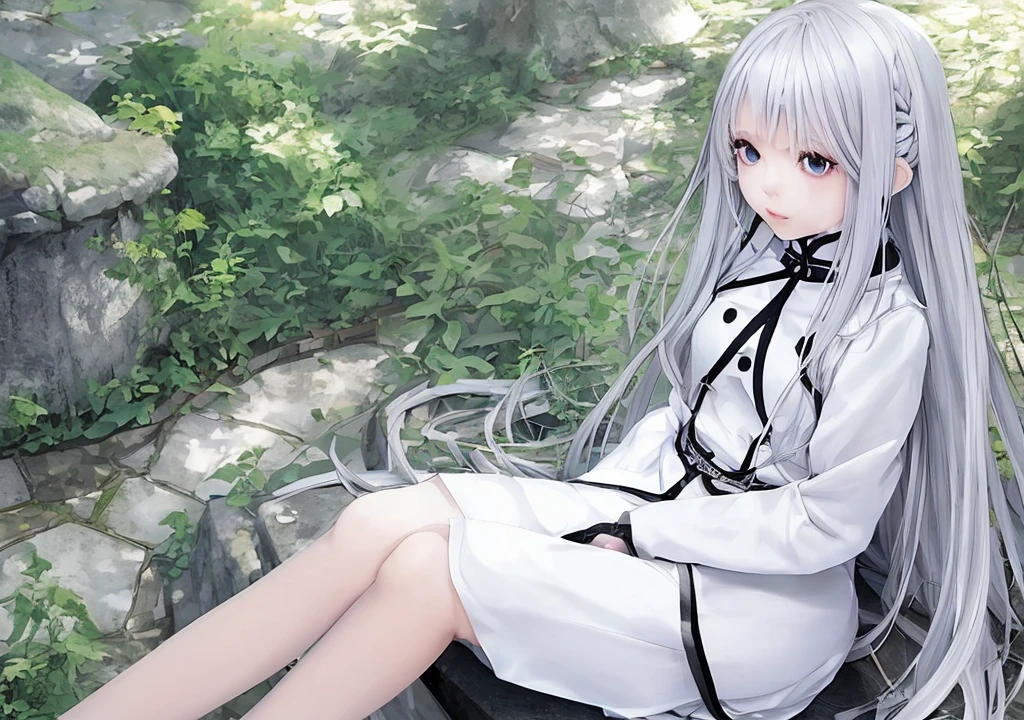 One Girl、Silver Hair、Long Hair、White clothing、Outdoor、Sitting、Daytime、Anime illustration