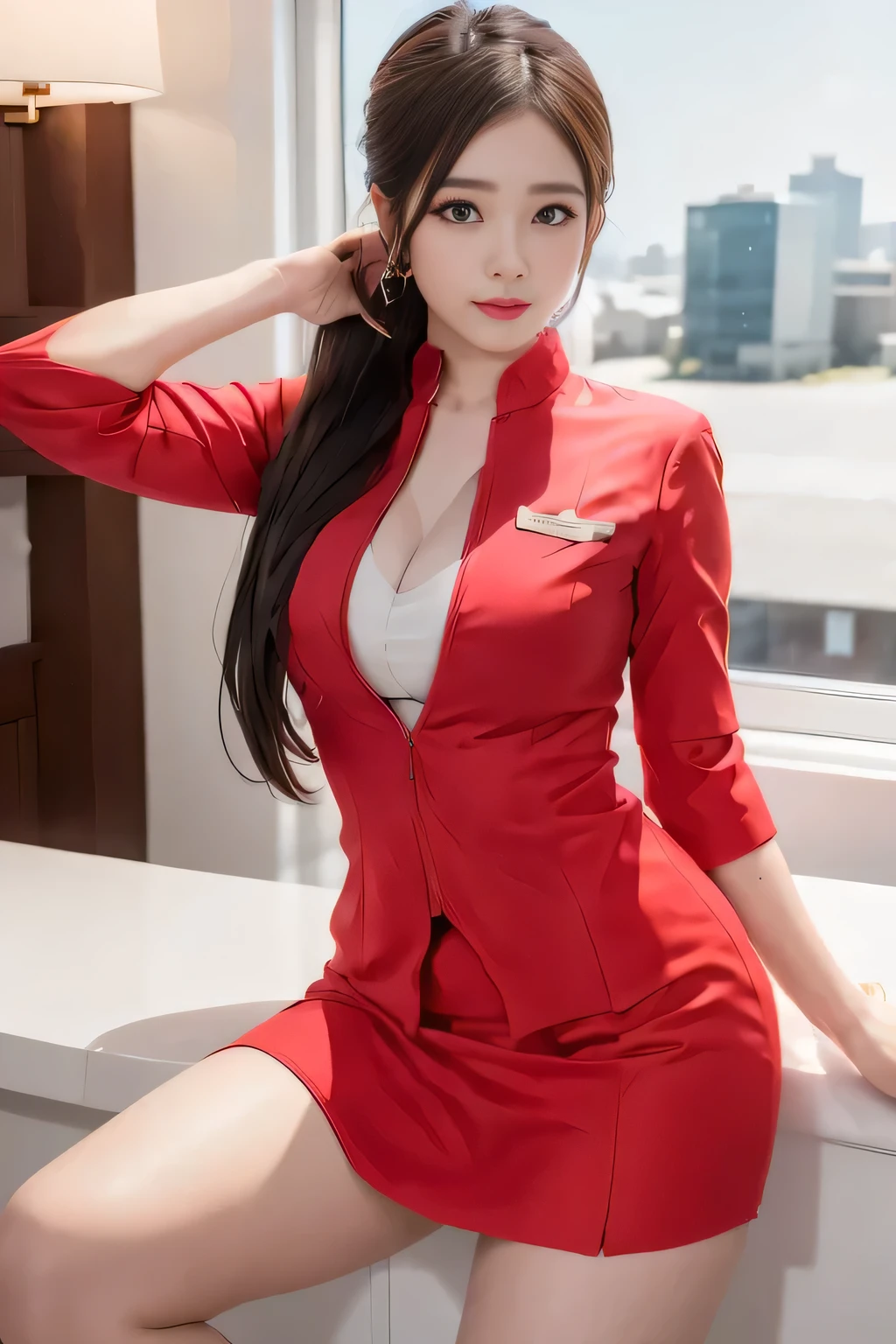 AirAsia&#39;s red uniform、Luxury earrings、ロングヘアのponytail、Tie your hair behind your head、Red rubber band to hold hair in place、ponytail、Captivating look、22 year old Asian female