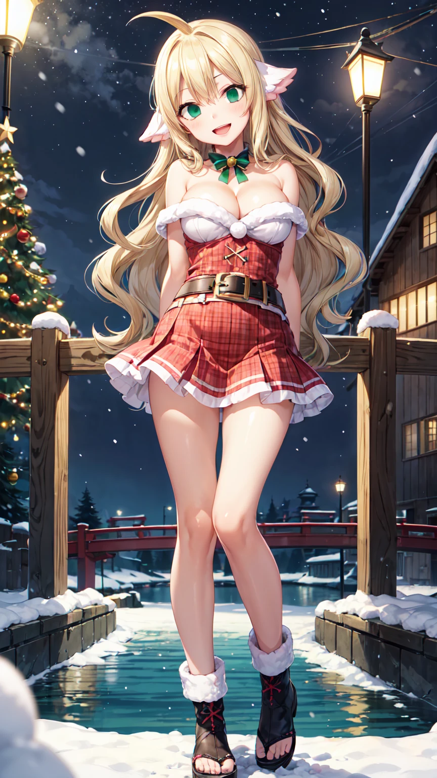 Masterpiece ,best quality , high resolution , (1 girl solo:1.38) , (mavis , long hair, blonde hair, (green eyes:1.5), ahoge, wavy hair , slim , tall , slender) , (:1.2) , (medium breast:1 (wear x-mas cloth , bare shoulder ,  miniskirt , belt , bell ,  head tilt ) , (cleavage:1.15)breast:1.1) , (arms beack) , (face view , look at view , smile , open mouth) , (standing) , (outdoor, river beside , on bridge , japaness bridge , street , snow , night , lamp)