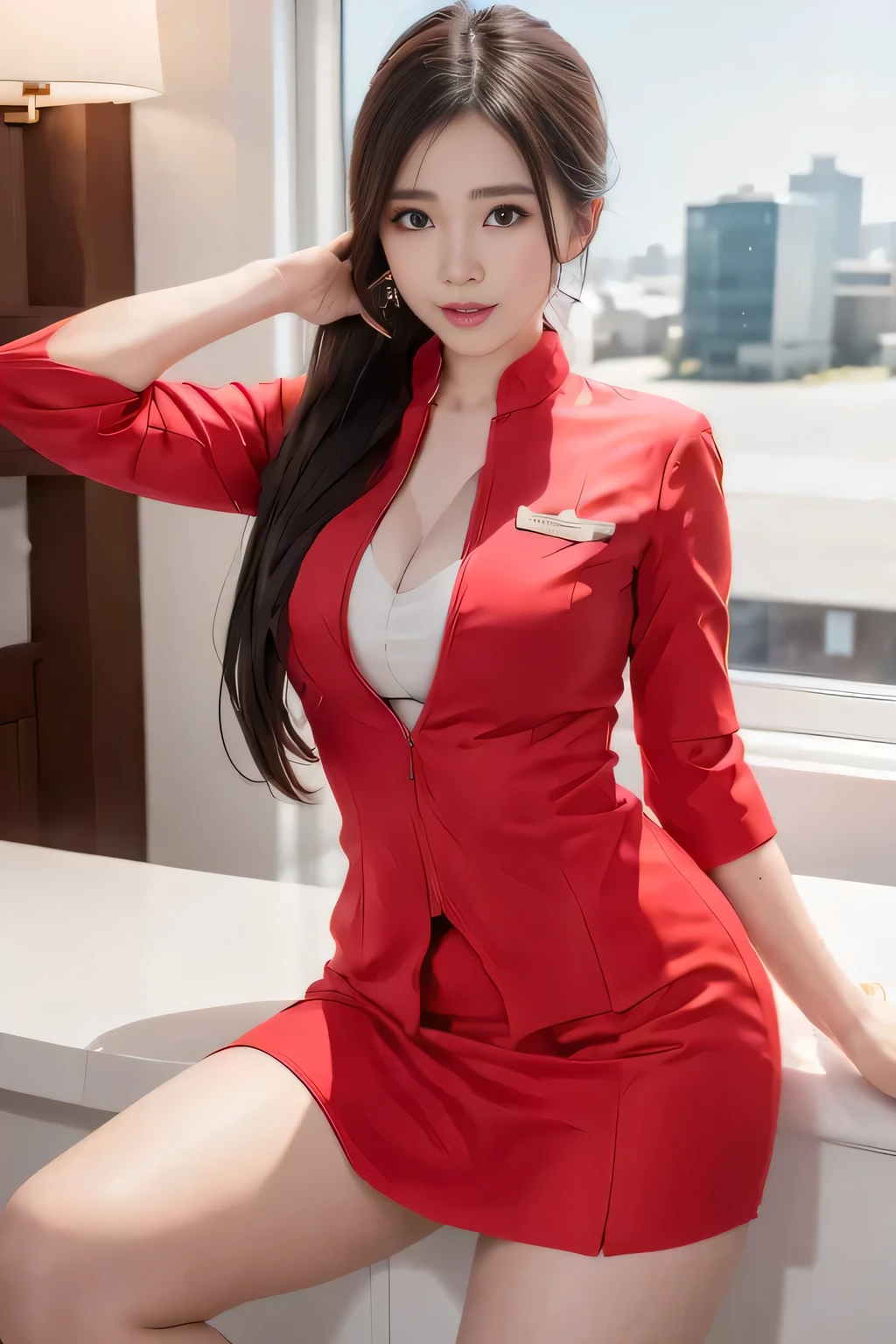 AirAsia's red uniform、Luxury earrings、ロングヘアのponytail、Tie your hair behind your head、Red rubber band to hold hair in place、ponytail、Captivating look、22 year old Asian female