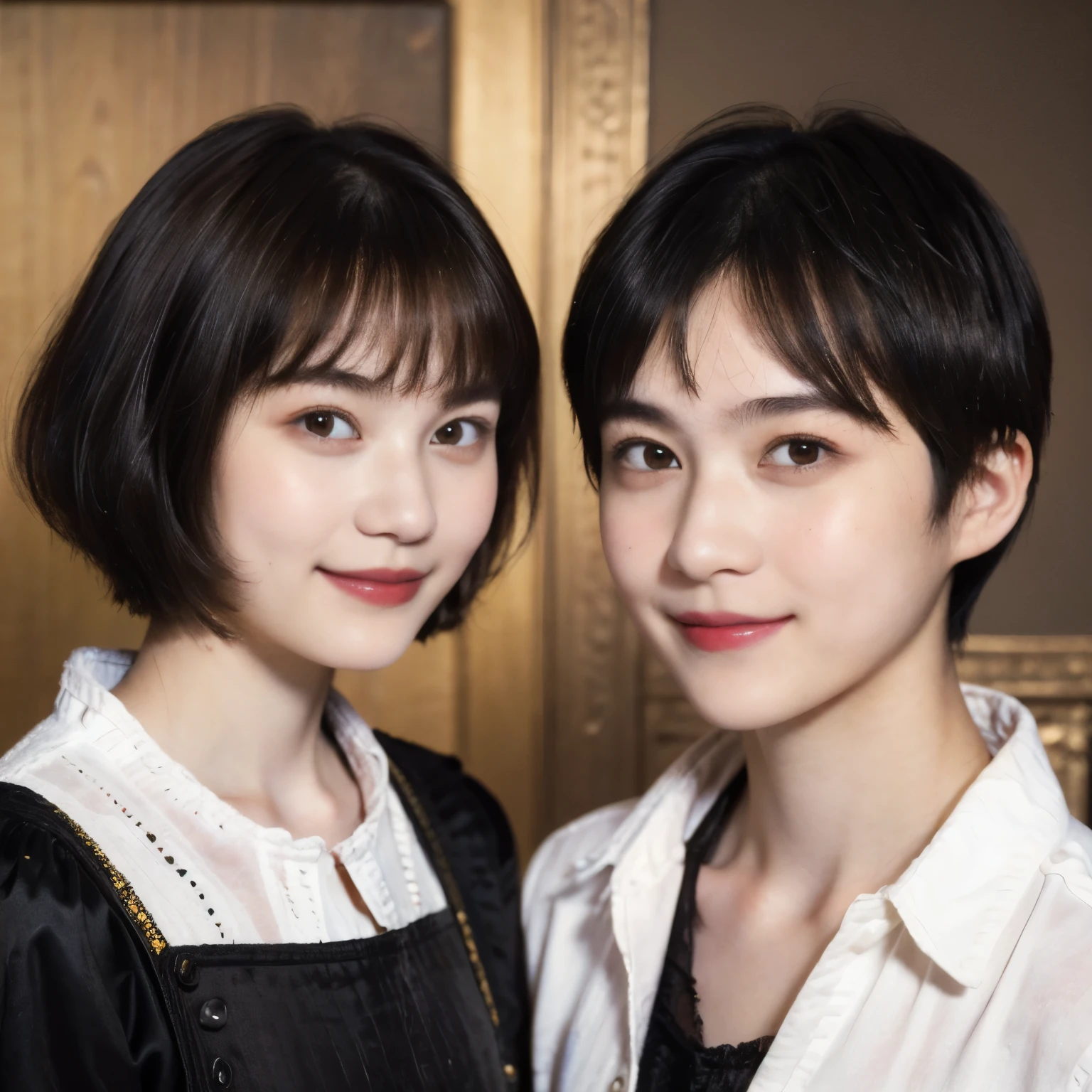 252 (An 18-year-old female and an 18-year-old male), (short hair),kind, lipstick, (Rembrandt-style painting), smile