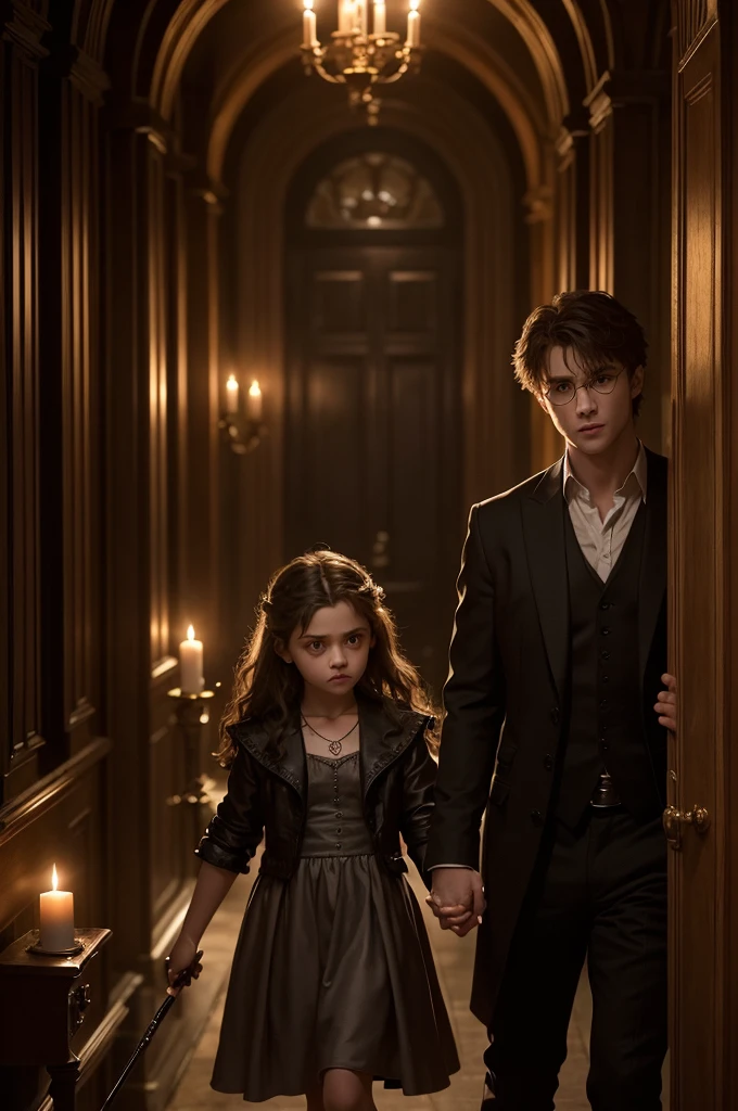 The cover features the characters Harry Potter and a representation of the actress who played Hope Mikaelson as a child, both holding magic wands and holding hands. They are in a magical and atmospheric environment, perhaps a dark Hogwarts corridor with flickering candlelight in the background. En el centro de la imagen, Harry and the (representing the character of Hope Mikaelson) are looking determinedly forward, suggesting they are facing some challenge or mystery related to a prophecy. The title "Prophecies" is in gold or silver letters, with a style reminiscent of ancient magical inscriptions.
A FIC E DE HARRY PORTER