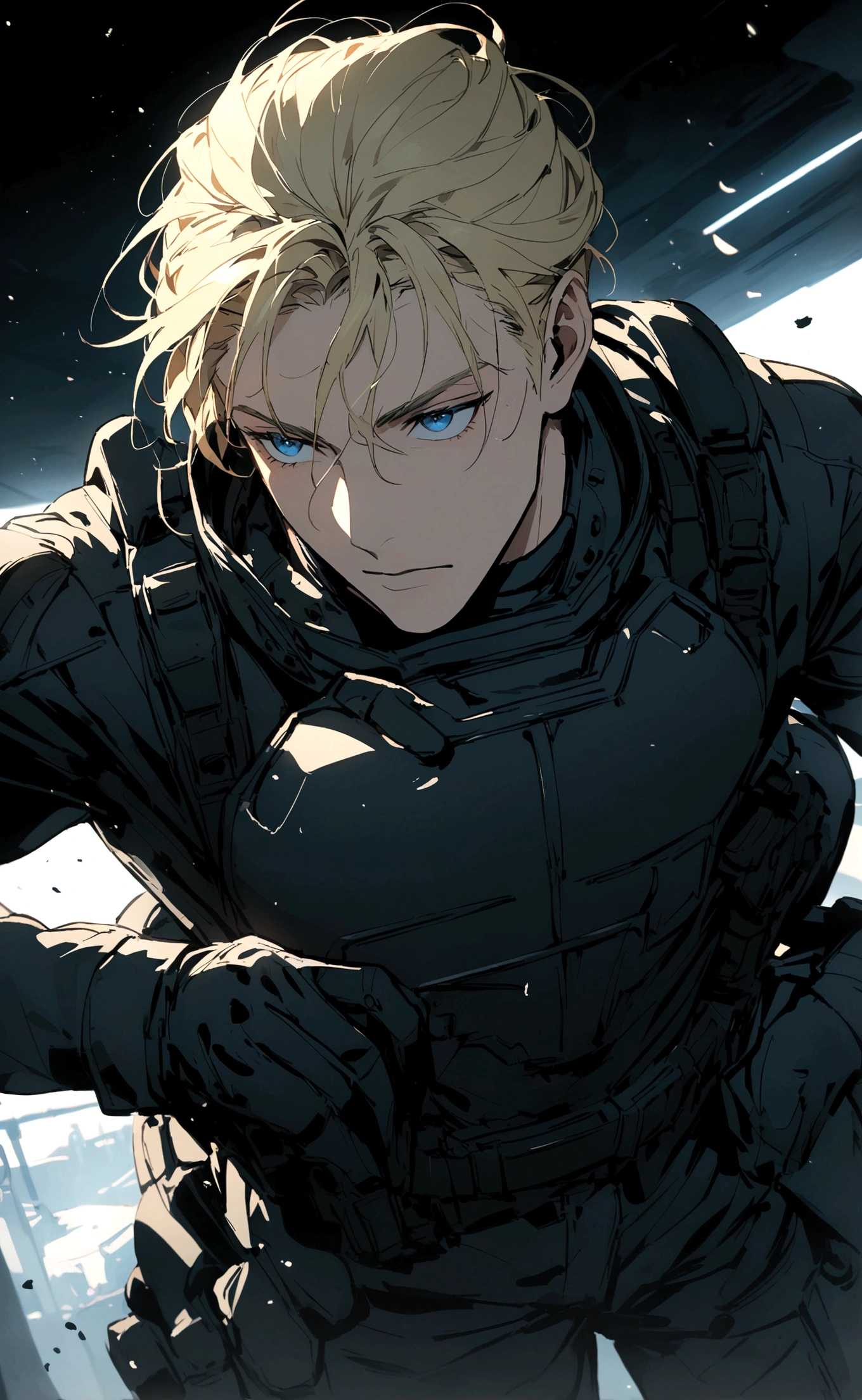 An adult man with blond hair and blue eyes wearing a black SWAT suit