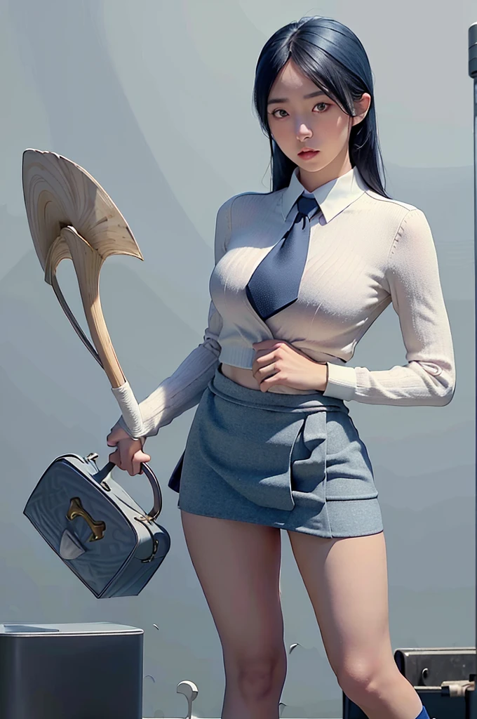 knee-length socks, knee high, menswear, Skirt suit, realistic, high resolution, one girl, black hair, korean, exotic eyes, small spots under the eyes, big bust, blue hair, office, ((( I lift up my miniskirt and stick out my pussy to urinate.)))