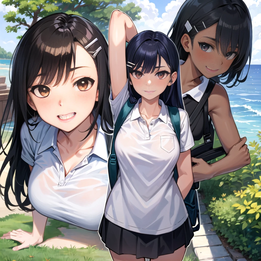 ((best quality)), ((masterpiece)), (details), one girl, sexy ((best quality)), ((masterpiece)), (details), one girl, sexy ((best quality)), ((masterpiece)), (details), one girl, full body, sexy expensive body, expensive, long legs, mature woman, mature, adult, it_nagatoro_main, Nagatoro Hayase, one girl, blushing, alone, uniform polo shirt, black hair, bag, brown eyes, hair accessory, looking at viewer, hair clip, outdoors, backpack, smiling, long hair, dark skinned woman, dark skin, , bangs, daytime, skirt, collared shirt, collarbone, ear clip, mouth closed, tree, asymmetrical bangs, upper body
