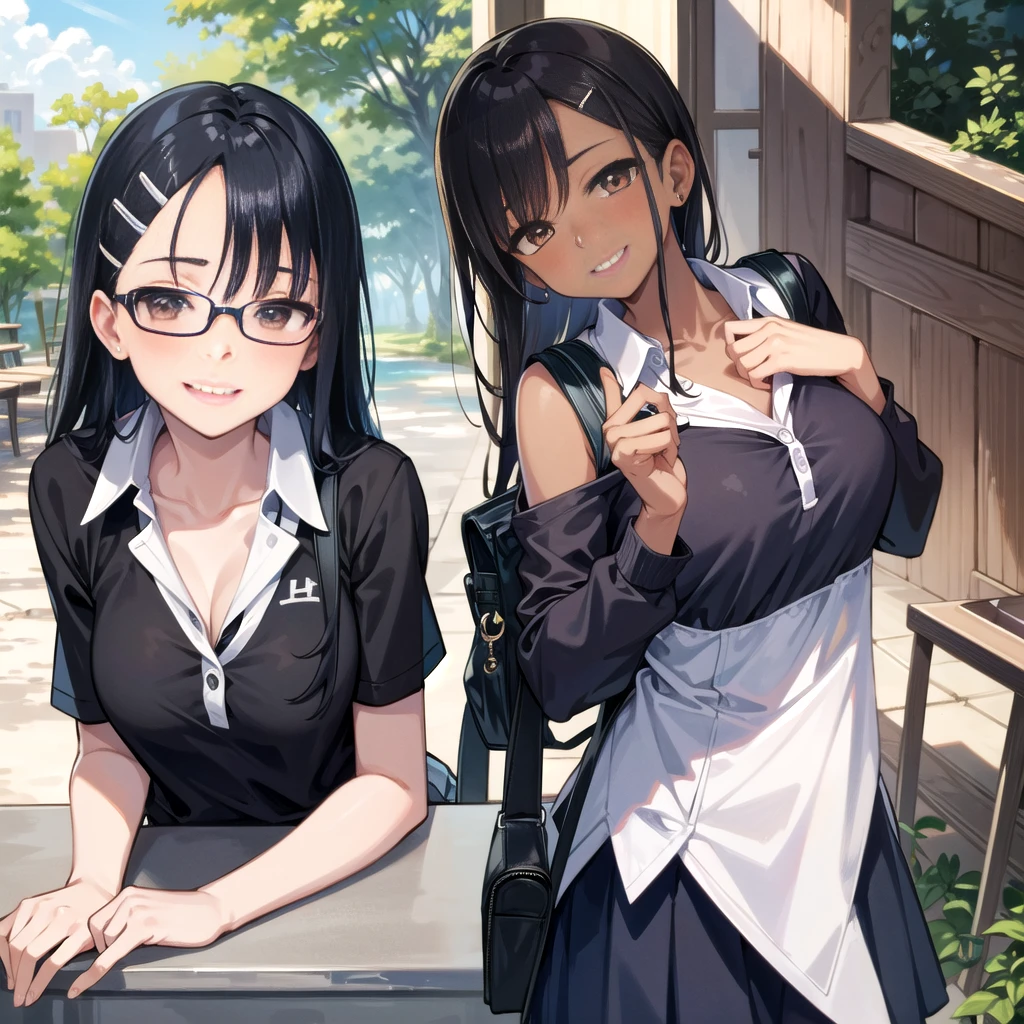 ((best quality)), ((masterpiece)), (details), one girl, sexy ((best quality)), ((masterpiece)), (details), one girl, sexy ((best quality)), ((masterpiece)), (details), one girl, full body, sexy expensive body, expensive, long legs, mature woman, mature, adult, it_nagatoro_main, Nagatoro Hayase, one girl, blushing, alone, uniform polo shirt, black hair, bag, brown eyes, hair accessory, looking at viewer, hair clip, outdoors, backpack, smiling, long hair, dark skinned woman, dark skin, , bangs, daytime, skirt, collared shirt, collarbone, ear clip, mouth closed, tree, asymmetrical bangs, upper body