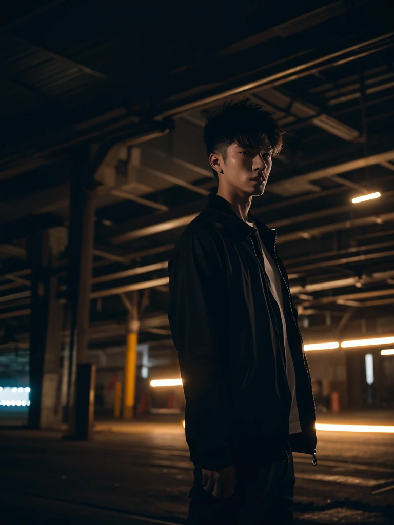 1 men, night vibes , huge underground warehouse, techno raver, looking badass, no blur, 8k - night time - time, no blurry eyes, male model