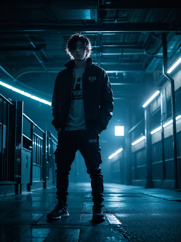 1 men, night vibes , huge underground warehouse, techno raver, looking badass, no blur, 8k - night time - time, no blurry eyes, male model