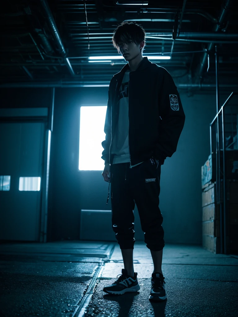 1 men, night vibes , huge underground warehouse, techno raver, looking badass, no blur, 8k - night time - time, no blurry eyes, male model