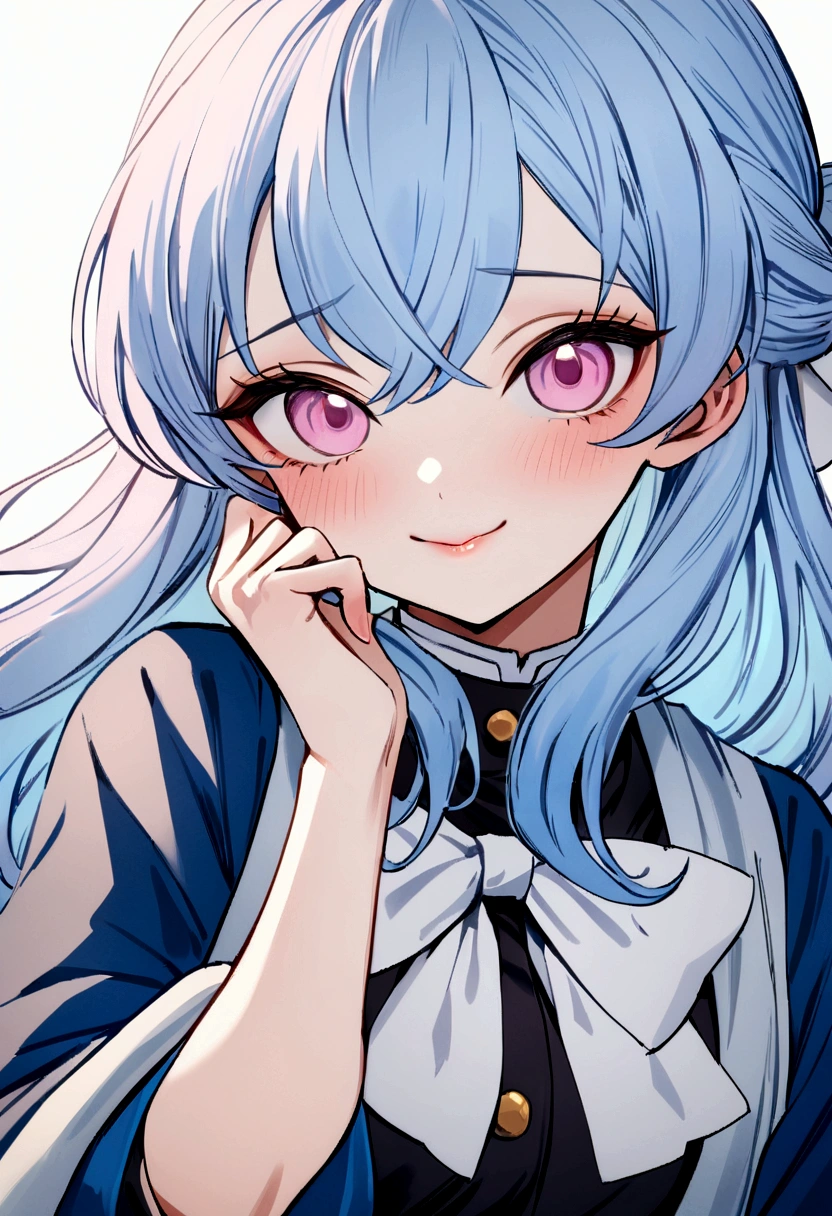 Masterpiece, Best quality, 1 girl, Kimetsu no Yaiba style,  hashira blue uniform, vwearing haori,  light blue hair,  long hair,   blue hair, smile,  cute,  light pink eyes,  light pink eyes ,  beautiful,  lips,  white bow,  half-tied hair,  close-up,