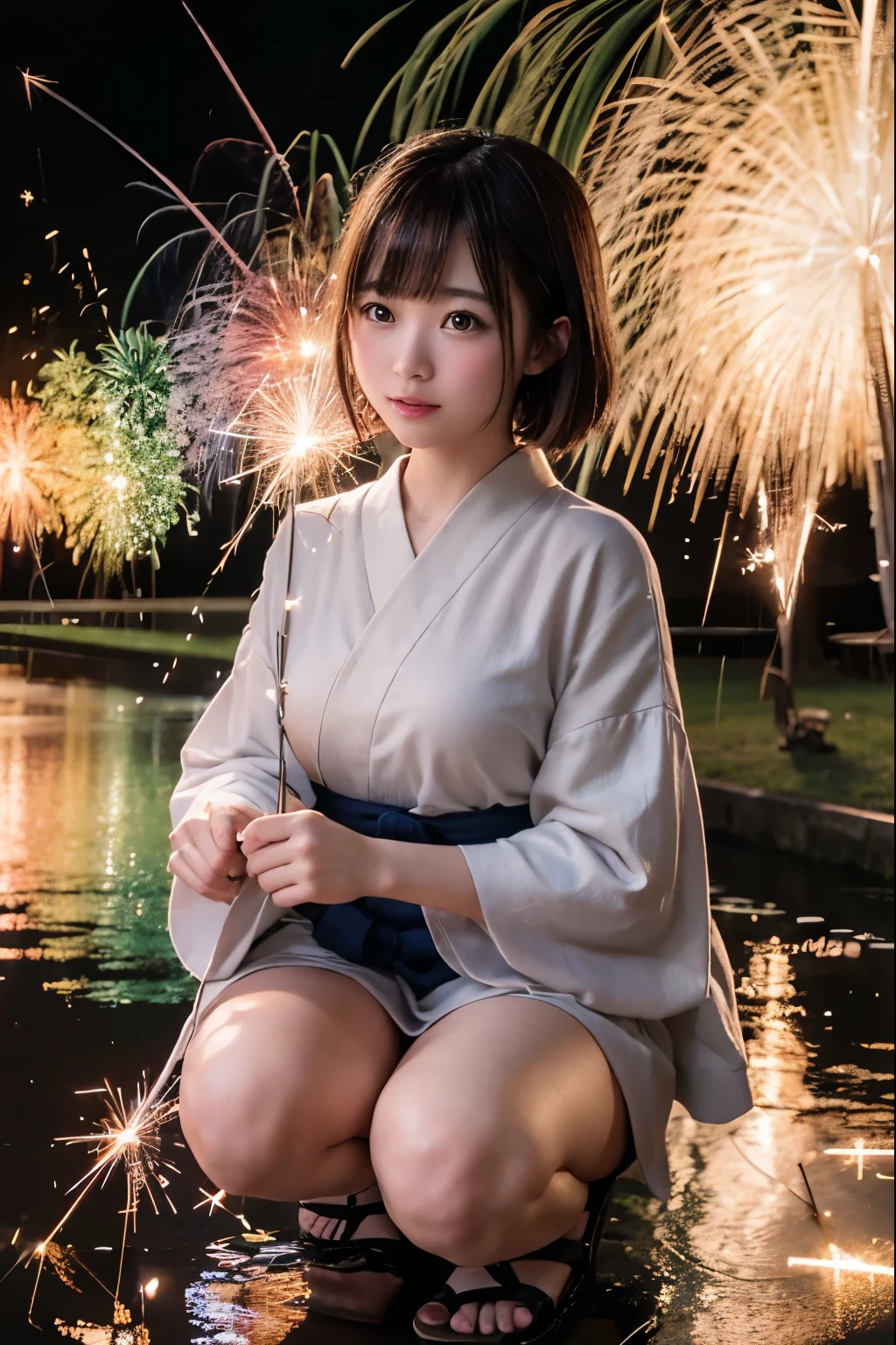 Perfectly Anatomically Correct:1.0, 5 Beautiful finger:1.6, 
1 Japanese Girl, Very Short Bob Cut:1.2, Wide-Set Eyes, Very White Skinned, Blush, Bashfully, 16-Year-Old, Open Mouse Slightly, 
Cute Eyes, Brown Hair, Wet Hair, Light Smiling, Cheerful, 
(Turning Japanese Sparklers Below:1.6), 
Squatting, Japanese Clothes, Kimono, Yukata, 
Non-Nipple:1.2, 
Looking Up Viewer:1.2, 
Twilight:1.4, Irrigation Canal, Paddy Field, Water Reflection, 
 BREAK 
8K, RAW Photo, Best Quality, Masterpiece, Realistic, PhotoRealistic, Extremely Detailed 8K Wallpaper, Beautifully Detailed Eyes, Finely Detailed Face, POV Shot, 
 BREAK 
High-Key Lighting, Professional Lighting, Bokeh:1.0