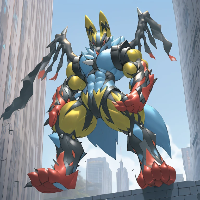 (Solo. masterpiece. official art. 8k. best quality. detailed full body. full body.)
(situation 1 : dominating Shiny_Mega_Lucario. Shiny_Mega_Lucario is over 1000 meters long. focus GIANT mechanical Muscular Shiny_Mega_Lucario is trampling the city. Looking down. macro. stomp. Low-angle perspective. emphasizing the immense size. He is much bigger than a skyscraper. Giga Giants. looking down. foot focus, (soles:1.2))
(situation 2 :smoke and flames rising from the destruction in the city)
(Additional details 1: wearing a full-face helmet. golden armor. high-tech bio-mecha armor. real texture material. whole body shines like metal. emphasizes the muscles. suit fully made of metal. intricate armor. Robotic suit. suit fully made of metal.).
(Additional details 2: (Detailed head. Detailed Body. Detailed abs. gigantic muscles. HYPER MUSCLES. Gigachad Muscular. big muscle. pecs. triceps. traps. unusually developed muscular body. body full of huge muscles. showing off muscles. pectorales enormes. Exaggeratedly huge muscles. huge muscles. long legs. abs.).
(Additional details 3: Spread wings. It has wings. have big wings. The claws are sharp. Sharp teeth.).