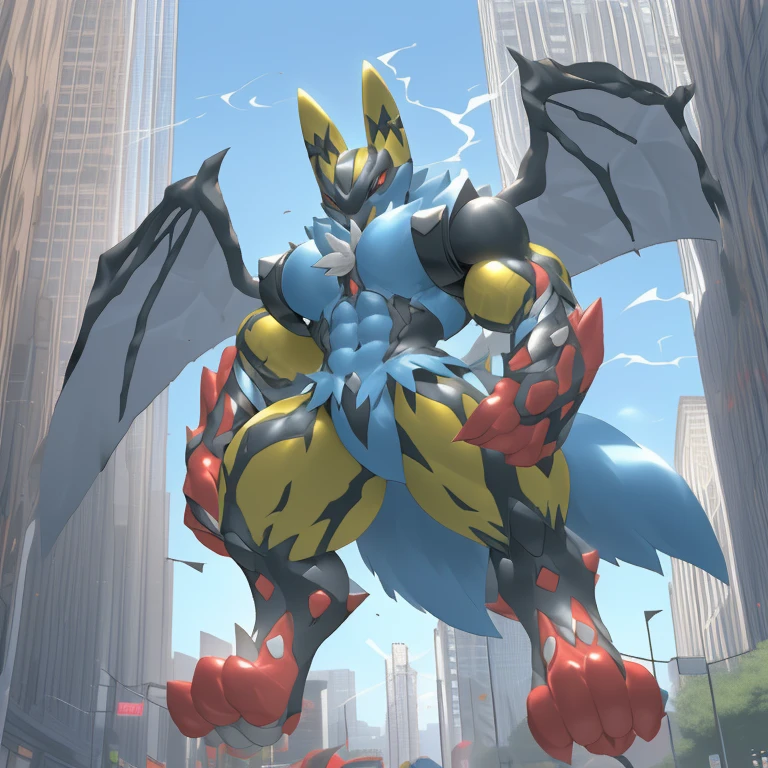 (Solo. masterpiece. official art. 8k. best quality. detailed full body. full body.)
(situation 1 : dominating Shiny_Mega_Lucario. Shiny_Mega_Lucario is over 1000 meters long. focus GIANT mechanical Muscular Shiny_Mega_Lucario is trampling the city. Looking down. macro. stomp. Low-angle perspective. emphasizing the immense size. He is much bigger than a skyscraper. Giga Giants. looking down. foot focus, (soles:1.2))
(situation 2 :smoke and flames rising from the destruction in the city)
(Additional details 1: wearing a full-face helmet. golden armor. high-tech bio-mecha armor. real texture material. whole body shines like metal. emphasizes the muscles. suit fully made of metal. intricate armor. Robotic suit. suit fully made of metal.).
(Additional details 2: (Detailed head. Detailed Body. Detailed abs. gigantic muscles. HYPER MUSCLES. Gigachad Muscular. big muscle. pecs. triceps. traps. unusually developed muscular body. body full of huge muscles. showing off muscles. pectorales enormes. Exaggeratedly huge muscles. huge muscles. long legs. abs.).
(Additional details 3: Spread wings. It has wings. have big wings. The claws are sharp. Sharp teeth.).