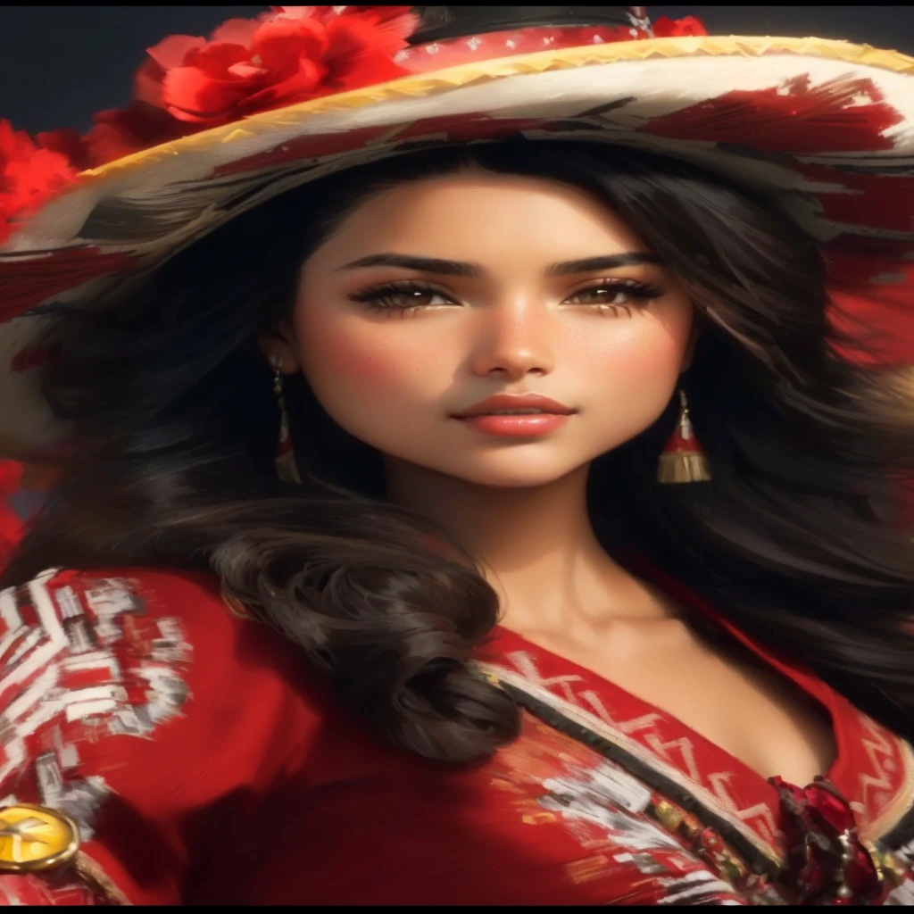 A closeup of a woman wearing a hat and a red dress, beautiful mexican woman, portrait of a young Pocahontas, Aztec princess portrait, isabela moner, portrait of Pocahontas, beautiful mexican woman bronzeada, Pocahontas, retrato sophie mudd, folk,