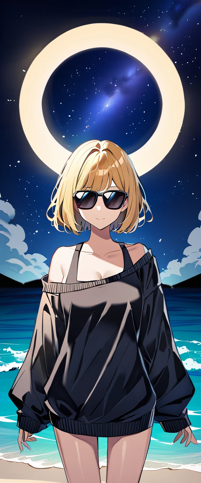 ((sea, beach)), bare legs, ((starly sky)), (((sunglasses, hand to sunglasses))), (((cowboy shot))), ((wavy hair, inward curled hair)), ((night)), ((blond hair, bob cut:1.3)), breasts, teenager, (looking at viewer), oversized clothes, puffy long sleeves, ((off-shoulder sweater:1.3, Quite thick shoulder straps)), ((black sweater)), collarbone, head tilt:1.3, (((blue eyes))), ((happy smile)), (((anime style))), (best quality, 4K, 8K, highres, masterpiece:1.2, ultra-detailed, ultra-detailed eyes, HDR, uhd, studio lighting, ultra-fine painting, sharp focus, physically-based rendering, extreme detail description, professional, vivid colors, bokeh)