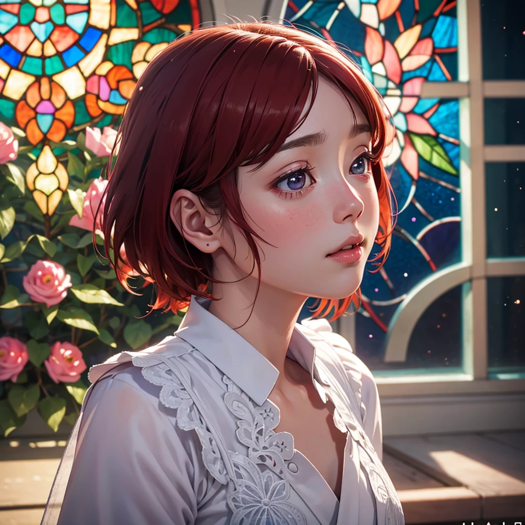 A tiny junior idol in a white outfit with delicate lace, (Expose:0.9), (Nipples:-0.9), (Dynamic Close-up, (Dazzling stained glass background)), (((Renbutsu Misako), Colorful lights shine through the stunning, intricate stained glass:1.2)), Bright red, Lens Particles, Lens flare, Light Particles, Dazzling halo. ((Accutance:0.8)), (masterpiece:1.2),(Super detailed:1.37),(Realistic,photoRealistic, ((photo-Realistic:1.37))born々new feeling). (Highly detailed KAWAII facial variations, Variations in expression), Fine eyes with shimmering highlights, Captivating Gaze, Long eyelashes, Slight redness in the face, Rosy Cheeks, Perfect skin texture . { The girl's body is covered with flowers | Mysterious sight | mist }, ((Dynamic Angle, Physically Based Rendering)) . (((Big eyes:-0.9, Not a detailed finger:-0.9))) .