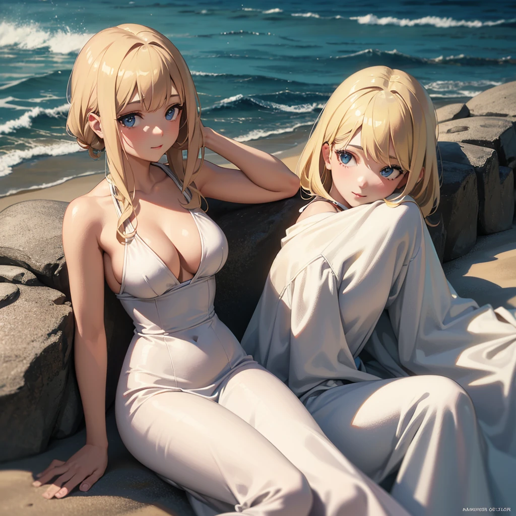 a beautiful girl with blond hair,wearing a white dress,sitting on a beach near the ocean,serene expression,sunlight shining on her face,detailed facial features,detailed clothing,detailed sand and ocean waves,best quality,4k,8k,highres,masterpiece:1.2,ultra-detailed,realistic,photorealistic,photo-realistic:1.37,studio lighting,vivid colors,natural lighting,serene landscape,peaceful atmosphere