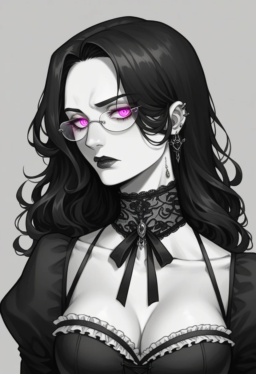 Gere imagens de: obra-prima, melhor qualidade, alta-resolução, foto em 8K. mature, stunning gothic maid, long flowing black hair, piercing intense violet eyes glowing in the dark, elegant eyeglasses, porcelain skin, intricate lace maid outfit, form-fitting corset, detailed frills, black and white color scheme, delicate gloves, dark and mysterious allure, gothic beauty, serious and intense expression, gothic accessories, intricate choker, dark and elegant ribbons, somber elegance, respected and admired, dark background