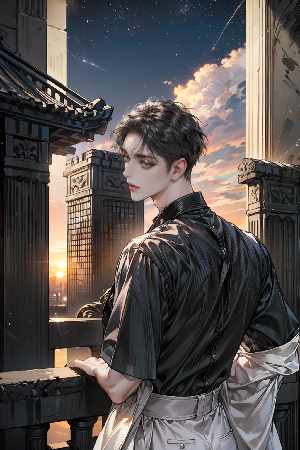 ((4K works))、​masterpiece、(top-quality)、One Beautiful Boy、Slim body、tall、((Black Y-shirt and white pants、big ass,Charming street style))、(Detailed beautiful eyes)、Stylish English Black Balcony、Castle inhabited by villains、Black shop window、Balcony at night、((Starry sky in the background))、((dark sky))、((Stylish cityscape))、((Shot on a stylish veranda))、mid night、((Short-haired black hair))、((Smaller face))、((Neutral face))、((White eyes))、((American adult male))、((Adult male 26 years old))、((Cool Men))、((Like a celebrity))、((Wild look))、((Korean Makeup))、((elongated and sharp eyes))、((Happy dating))、((boyish))、((Upper body photography))、Professional Photos、((Shot alone))、((shot from back))、((Shot so that the back of the head is visible))、((Shot in close proximity to him))、((Focus zoom in))、((He is watching the sunset))、((He is standing on the balcony))
