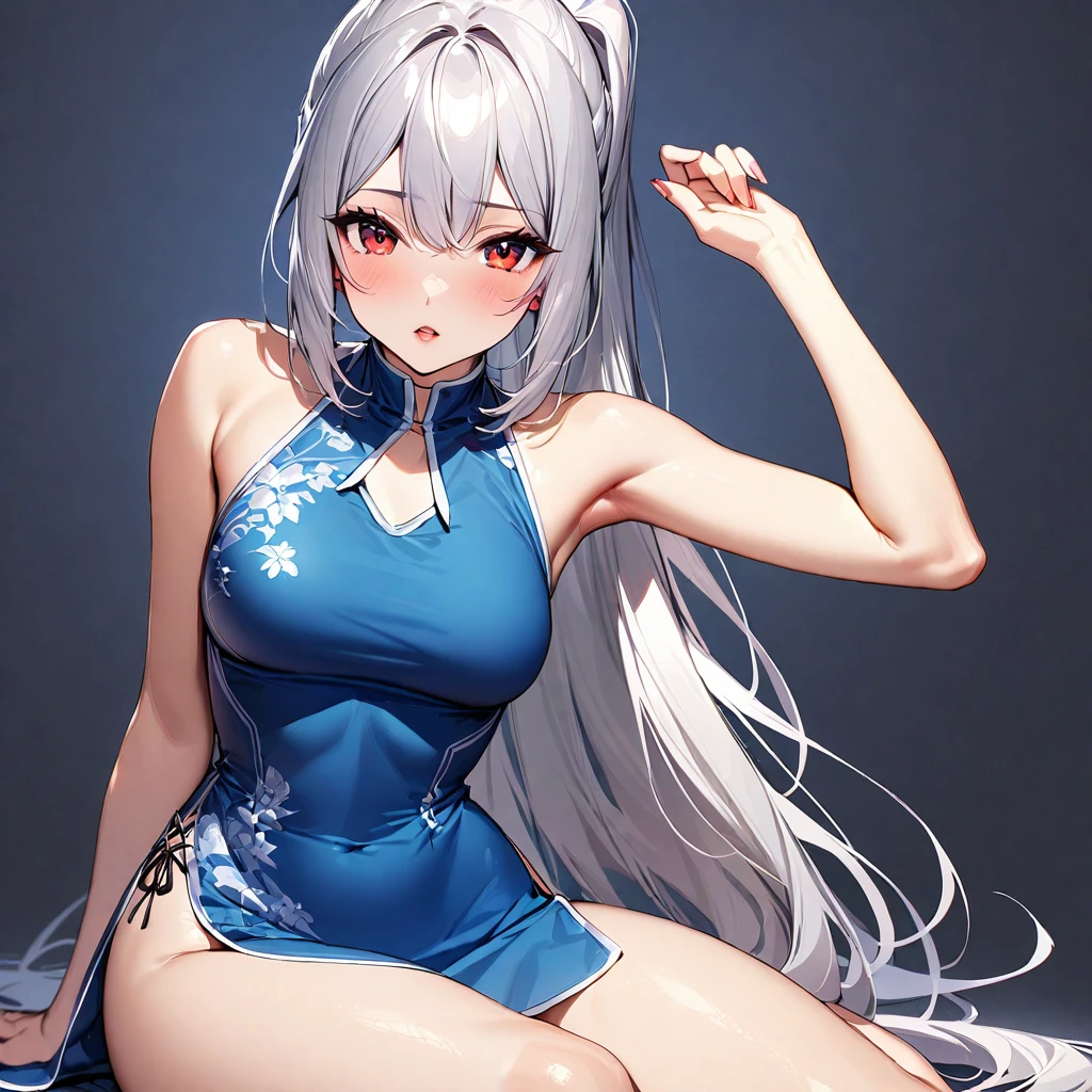 (masterpiece),(Highest quality),(Very detailed),(Best illustrations),(so beautiful), so beautiful長い脚, Thighs, Saggy breasts, Silver Hair, Red eyes, Very long hair, High Ponytail, Blue clothes, China dress, Side slits,Female masturbation, open vagina