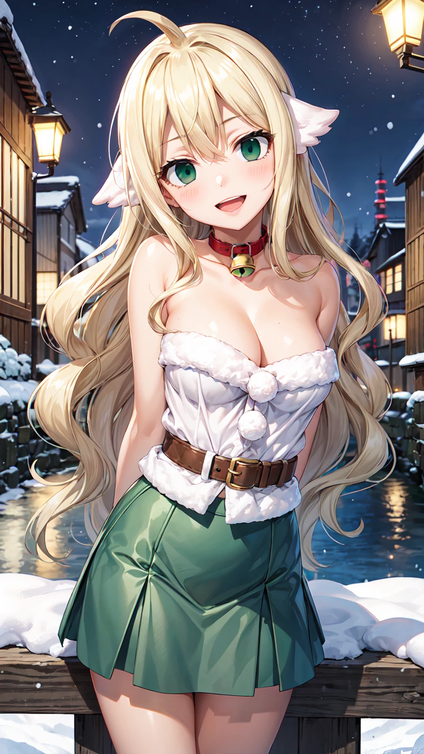 Masterpiece ,best quality , high resolution , (1 girl solo:1.38) , (mavis , long hair, blonde hair, (green eyes:1.5) , ahoge, wavy hair , slim , slender) , (cleavage:1.2) , (medium breast:1.28) , (wear x-mas cloth , bare shoulder , miniskirt , belt , bell , head tilt ) , (cleavage:1.15) , (big breast:1.1) , (arms behind back) , (face view , look at view , smile , open mouth) , (standing) , (outdoor, river beside , on bridge , japaness bridge , street , snow , night , lamp)