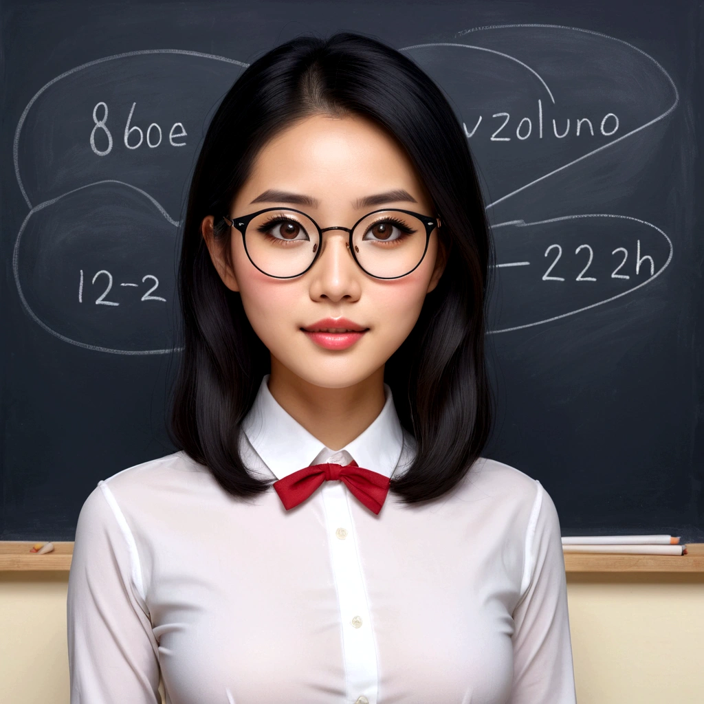 a lovely vietnamese woman, 25 years old, wearing glasses, cute face, black eyes, black shoulder length hair, slutty teachers outfit without underwear, in front of chalkboard, realistic, photorealistic, masterpiece, 8k, best quality, extremely detailed, ultra-fine painting, physically-based rendering, professional, vivid colors, studio lighting
