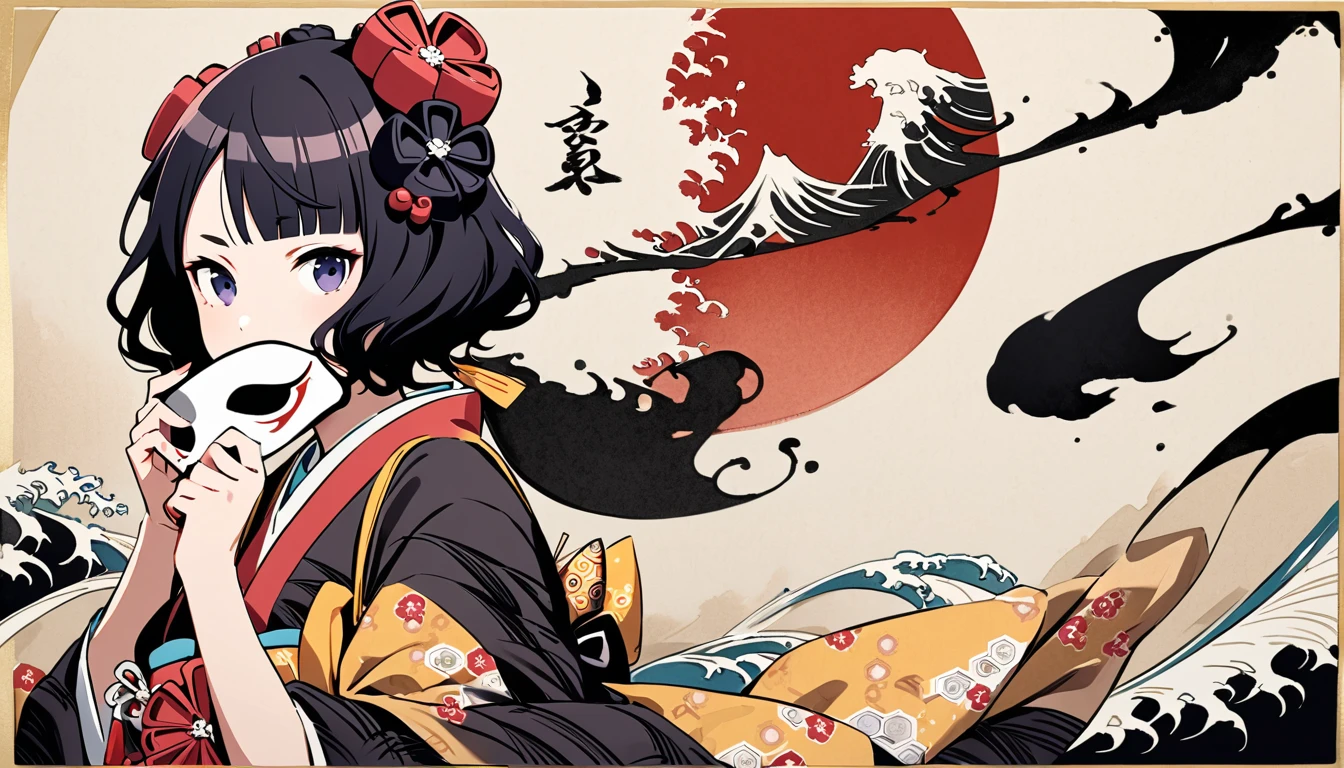 ((Put a skeleton mask over your mouth)), (((Highest quality))), (((Katsushika Hokusai))), (((Ink Painting))), ((very straight longhair)), ((1 girl)), ((beautiful girl)), Japanese style headphones, Black Hair, Delicate and precise, Modern ukiyo-e style