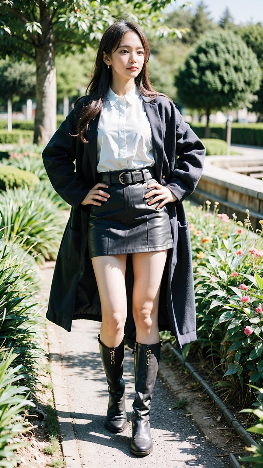 (8K、RAW Photos、Highest quality、masterpiece:1.2)、(Realistic、Realistic)、1 Girl、((mini skirt、coat、black、Thin legs、whole body、boots、one piece、tights、garden、View from the front、Looking into the camera、belt、Stand with hands on hips))、cute