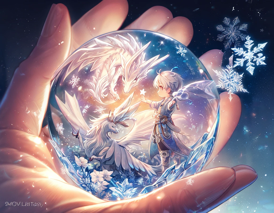 absurdres, highres, ultra detailed, HDR, master piece, best quality, smol white dragon, cute, solo, magic, ice flowers, snowflakes, ice, magical, fantasy, glass, ice moon, starry sky, ice style