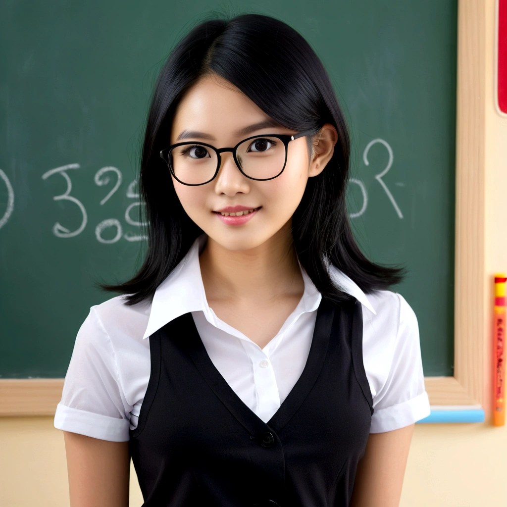 A lovely vietnamese woman (age 25, glasses, cute face, black eyes, black hair shoulder length, slutty teachers outfit no underwear), in front of chalkboard