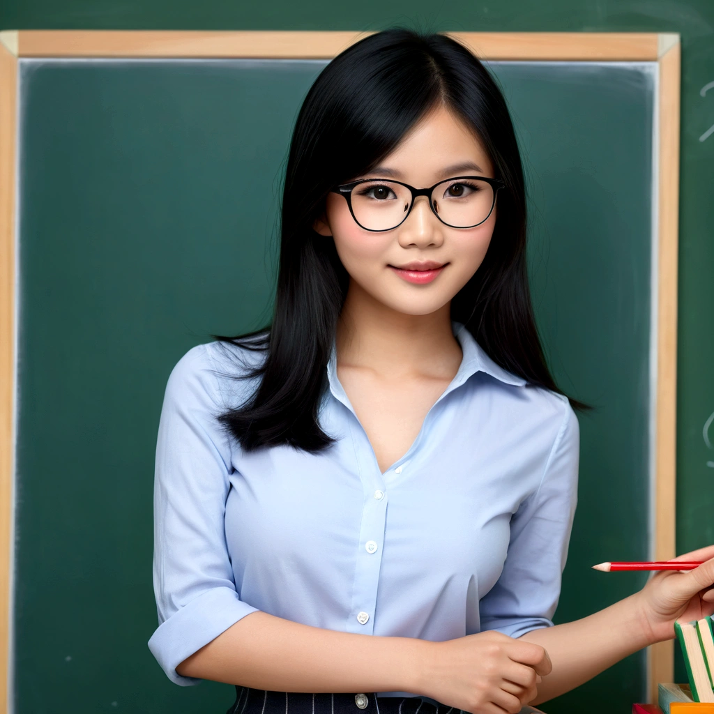 A lovely vietnamese woman (age 25, glasses, cute face, black eyes, black hair shoulder length, slutty teachers outfit no underwear), in front of chalkboard