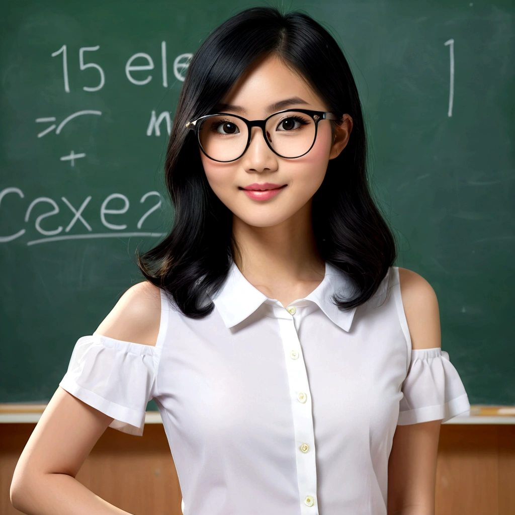 A lovely vietnamese woman (age 25, glasses, cute face, black eyes, black hair shoulder length, slutty teachers outfit no underwear), in front of chalkboard