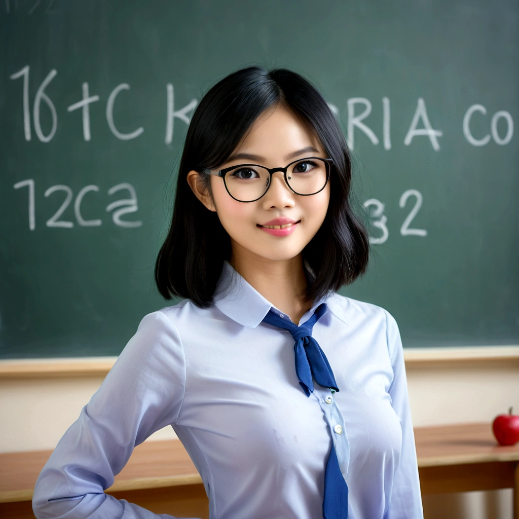 A lovely vietnamese woman (age 25, glasses, cute face, black eyes, black hair shoulder length, slutty teachers outfit no underwear), in front of chalkboard