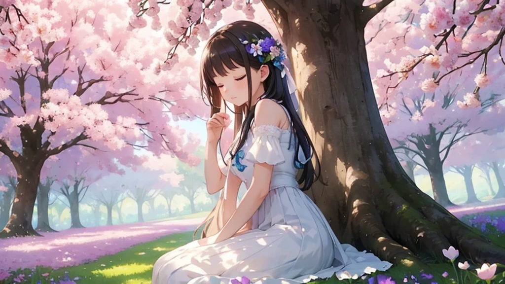 Sitting leaning against a tree、Shade、Sunlight filtering through the trees、Fantasy、An incredible sight、Fantasy、Surrounded by flowers、Beautiful and heartbreaking、Lots of flowers、beautiful flower、Beautiful girl、I close my eyes comfortably.、Android、(masterpiece:1.1), (Highest quality:1.1), (Vibrant colors:1.2), (Flowers:1.1)