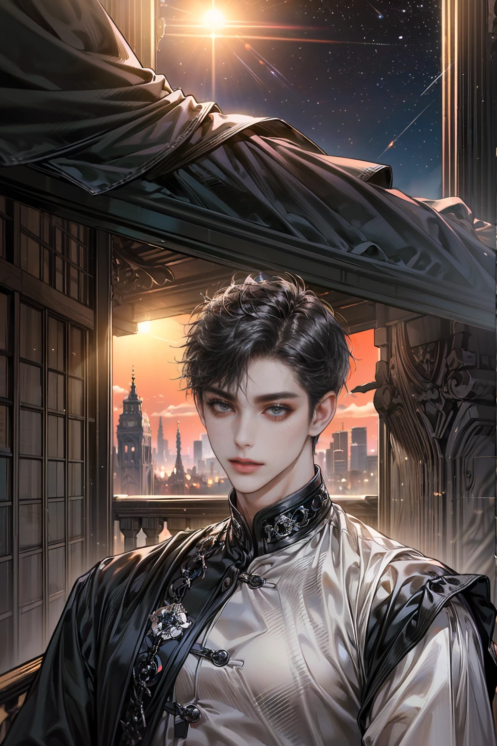 ((4K works))、​masterpiece、(top-quality)、One Beautiful Boy、Slim body、tall、((Black Y-shirt and white pants、big ass,Charming street style))、(Detailed beautiful eyes)、Stylish English Black Balcony、Castle inhabited by villains、Black shop window、Balcony at night、((Starry sky in the background))、((dark sky))、((Stylish cityscape))、((Shot on a stylish veranda))、mid night、((Short-haired black hair))、((Smaller face))、((Neutral face))、((White eyes))、((American adult male))、((Adult male 26 years old))、((Cool Men))、((Like a celebrity))、((Wild look))、((Korean Makeup))、((elongated and sharp eyes))、((Happy dating))、((boyish))、((Upper body photography))、Professional Photos、((Shot alone))、((shot from back))、((Shot so that the back of the head is visible))、((Shot in close proximity to him))、((Focus zoom in))、((He is watching the sunset))、((He is standing on the balcony))
