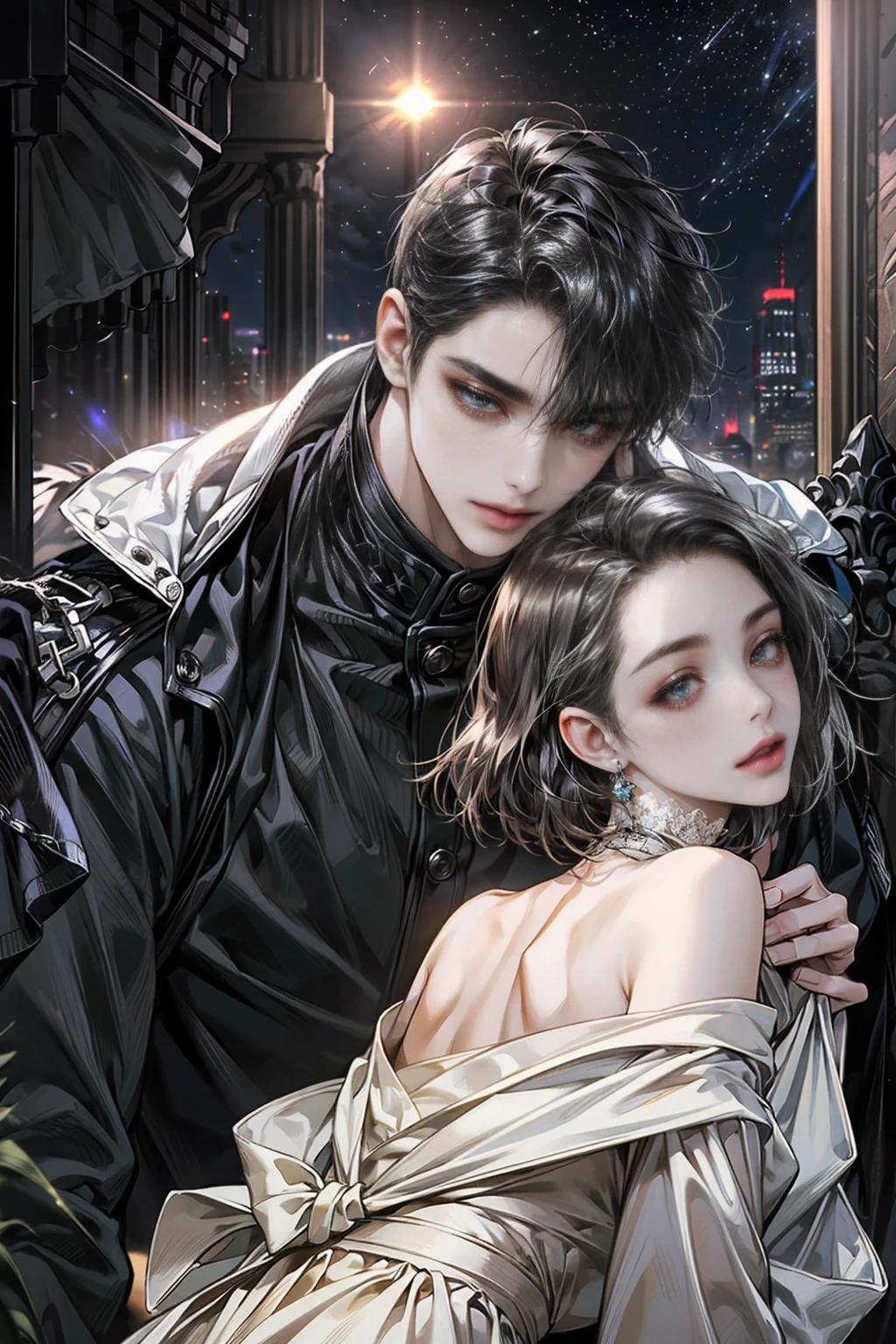 ((4K works))、masterpiece、(top-quality)、One Beautiful Boy、Slim body、tall、((Black Y-shirt and white pants、big ass,Charming street style))、(Detailed beautiful eyes)、Stylish English Black Balcony、Castle inhabited by villains、Black shop window、Balcony at night、((Starry sky in the background))、((dark sky))、((Stylish cityscape))、((Shot on a stylish veranda))、mid night、((Short-haired black hair))、((Smaller face))、((Neutral face))、((White eyes))、((American adult male))、((Adult male 26 years old))、((Cool Men))、((Like a celebrity))、((Wild look))、((Korean Makeup))、((elongated and sharp eyes))、((Happy dating))、((boyish))、((Upper body photography))、Professional Photos、((Shot alone))、((shot from back))、((Shot so that the back of the head is visible))、((Shot in close proximity to him))、((Focus zoom in))、((He is watching the sunset))、((He is standing on the balcony))