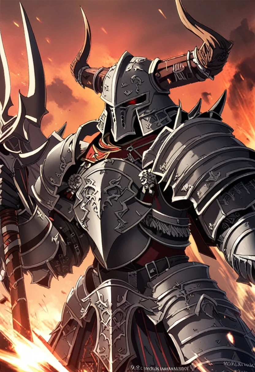 5 chaos knights, warhammer fantasy, Heavy armor, horned closed helmet,