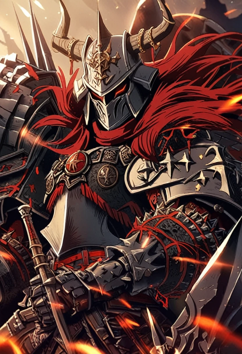 5 chaos knights, warhammer fantasy, Heavy armor, horned closed helmet,