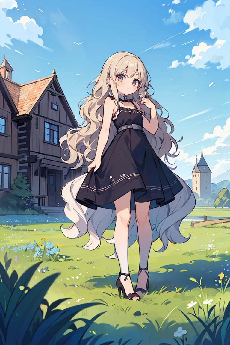 solo, girls, (one side up, wavy long hair:1.58), black high neck clothes and blue camisole dress in layers, high heels, white thighhigh, background with((castle, ireland, meadow, grass, old house, log cabin, fort, sky, blue sky, beautiful sky))