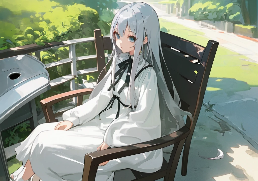 One Girl、Silver Hair、Long Hair、White clothing、Outdoor、Sitting in a chair、Daytime、Anime illustration