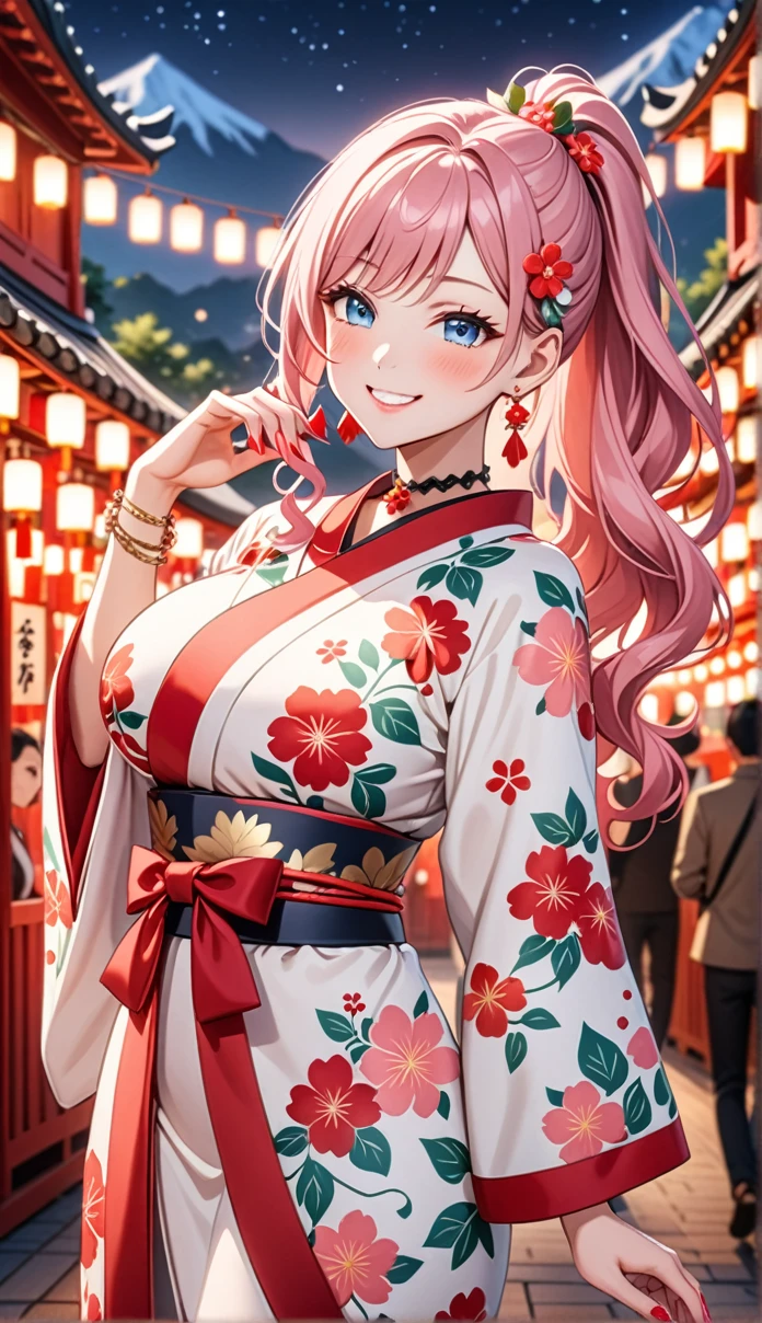 ultra-detailed, ((one girl)),pastel colour,  hyper detailed, absurdres, 8K, Beautiful Face, (Laugh shyly), ((teasing smile:1.8)), ((Wink:2.0)), (Laugh with your mouth wide open),(Tilt your head:1.3),  View your viewers, ((Bright red cheeks:1.6)),Glossy Red Lips, ((Big Breasts:1.5)), (valley),night, Shrine festival stalls, (Brighten your face), ((Anime style background)),masterpiece, Highest quality, so beautiful,Latest, Complex details, (Pink long nails), (nail art), (ring),(bracelet), (Floral Choker),AI-generated, Complex,High resolution, Highest quality, super high quality,3D Images、3D Images,One person,Pastel pink long hair,(High Ponytail), (wavy hair:1.3), 写真のポーズをとるpastel colourのアニメの女性, ((Fine grain、blue eyes、glowing eyes:1.4)), (Squint your eyes:1.1),a hyperRealistic , hyperRealistic , Realistic,Anime woman with long pastel pink hair, Smooth anime CG art, pastel colourの豪華な着物を着た女の子, ((White long-sleeved kimono)),(Pink large floral pattern) ,Long flower hair ornament,Floral Earrings,Mature Body, tall,Abdominal muscles,Tight waist,((arched back:1.9)), (front view),