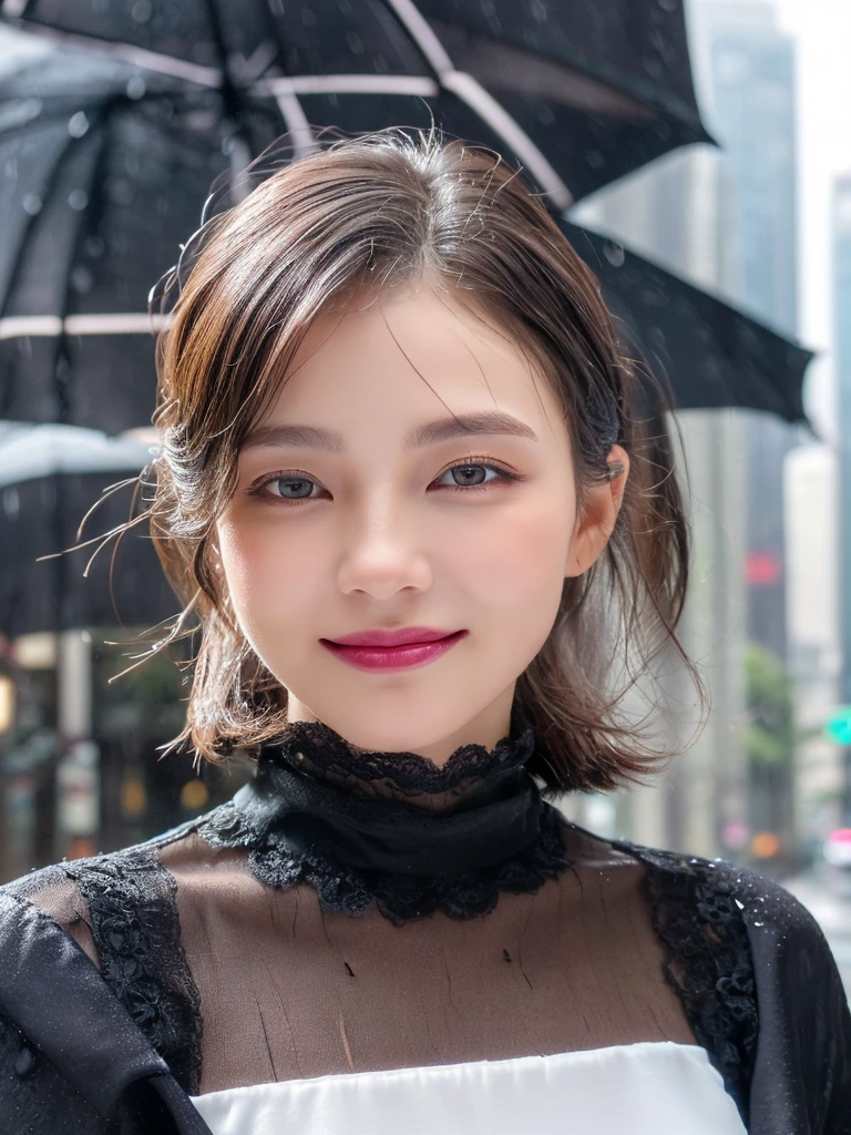 ((best quality, 8K, masterpiece: 1.3)),upper body,Black Hair, black eye,sharp focus: 1.2, beautiful woman with a perfect body: 1.4, ((ponytail, large: 1.2)), (small and beautiful hard (White long sleeve blouse with lace、Silk Tight darkmagenta long skirt), (wet from rain: 1.2), (rain, street: 1.2), wet body: 1.1, Highly detailed face and skin texture, detailed eyes, double eyelids, White skin,,E cup,smile,Financial district of the big city,Skyscraper,White skin,Wet Hair、Wet Skin、Wet clothes、smile、