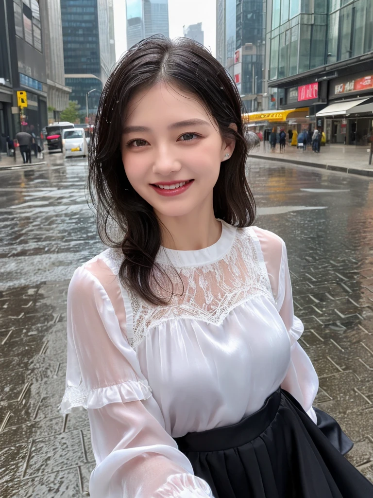 ((best quality, 8K, masterpiece: 1.3)),upper body,Black Hair, black eye,sharp focus: 1.2, beautiful woman with a perfect body: 1.4, ((ponytail, large: 1.2)), (small and beautiful hard (White long sleeve blouse with lace、Silk Tight darkmagenta long skirt), (wet from rain: 1.2), (rain, street: 1.2), wet body: 1.1, Highly detailed face and skin texture, detailed eyes, double eyelids, White skin,,E cup,smile,Financial district of the big city,Skyscraper,White skin,Wet Hair、Wet Skin、Wet clothes、smile、