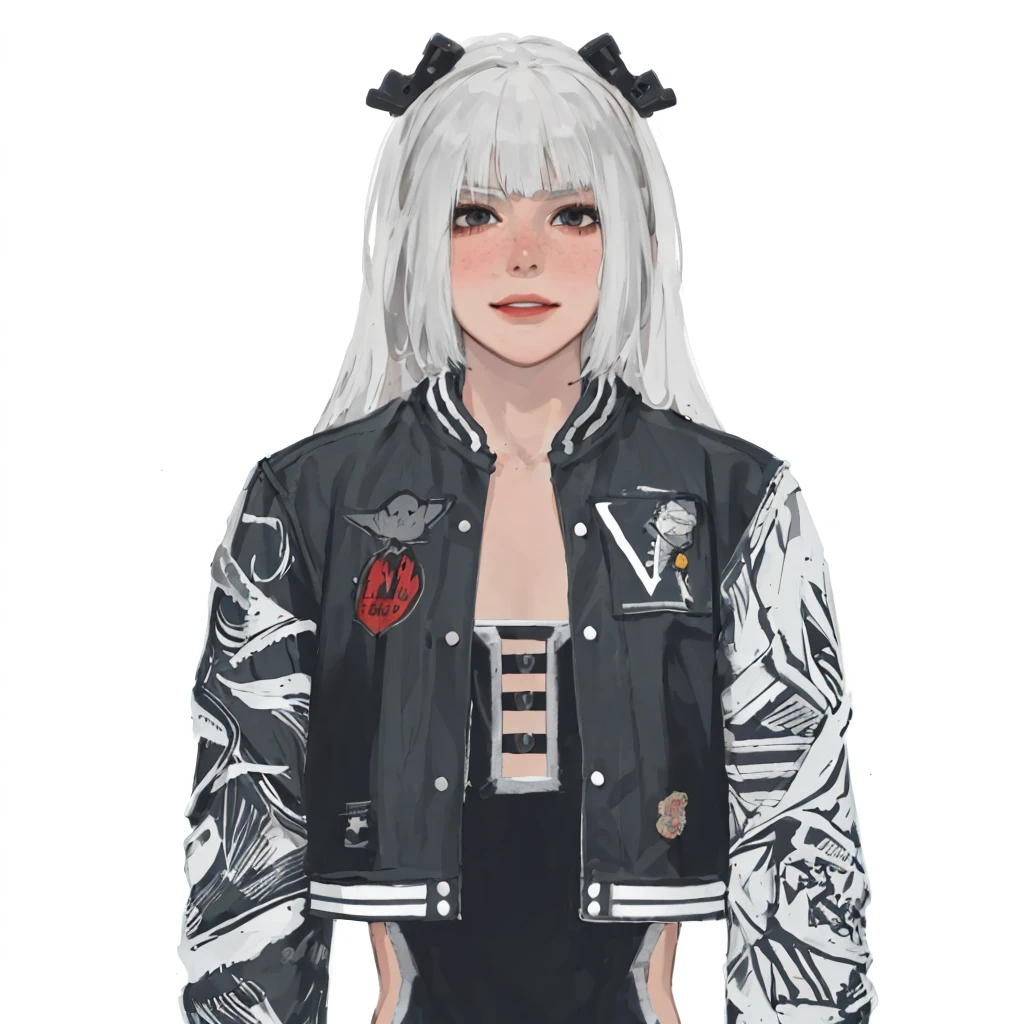 (masterpiece:1.2, best quality), (1girl, solo, upper body:1.2),smile face,Hair: buzz cut,Clothing: oversized, distressed denim jacket with patches and pins, paired with black skinny jeans and combat boots, Hanging out in an underground music venue or street art exhibit
