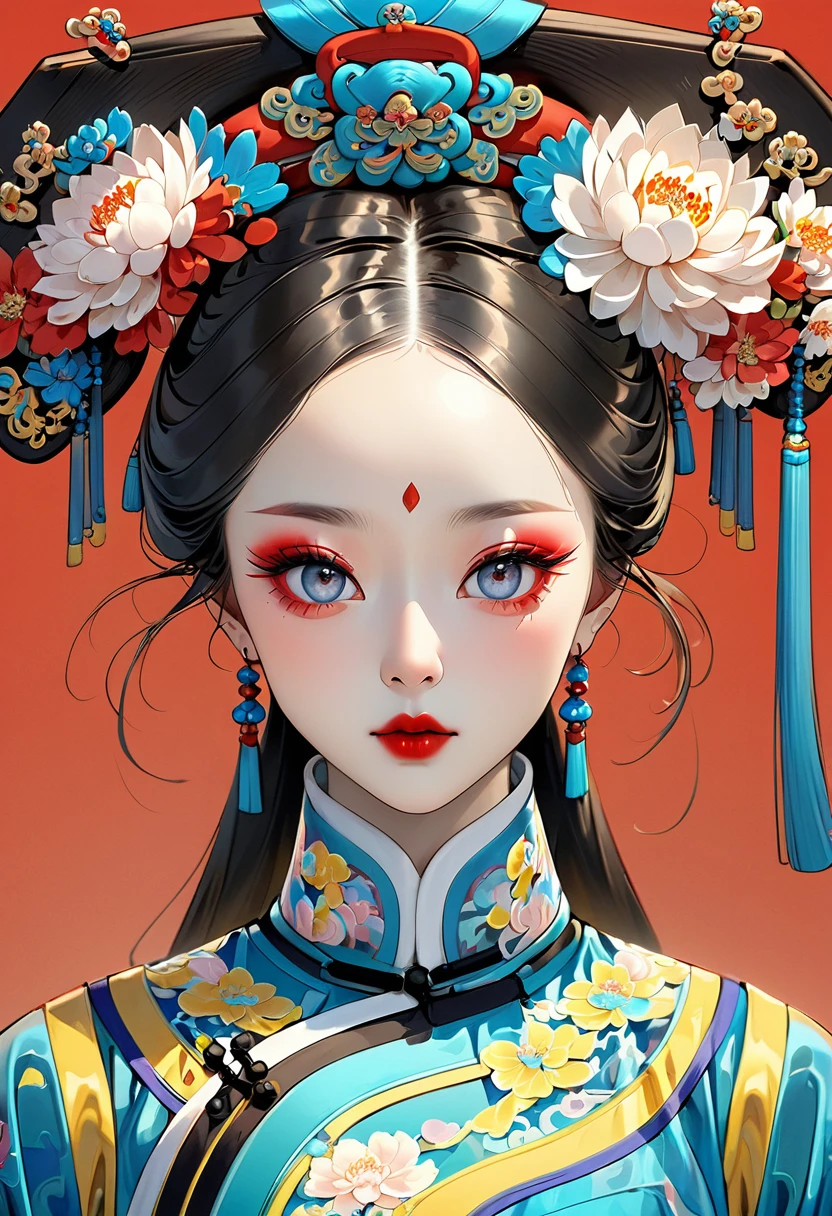 Makeup for Qing Dynasty Palace Drama,Thick coating of the board,Colored pencils,Procreate board drawing beautiful digital art,Clean lines,Beautiful Imperial Concubine of the Qing Dynasty,Bright Eyes,Exquisite facial features,(((Qing Dynasty Gaoqitou,Gorgeous headdress,Flowers))),symmetry,Qing Dynasty Clothing,Bright colors,High Saturation,Solid red background